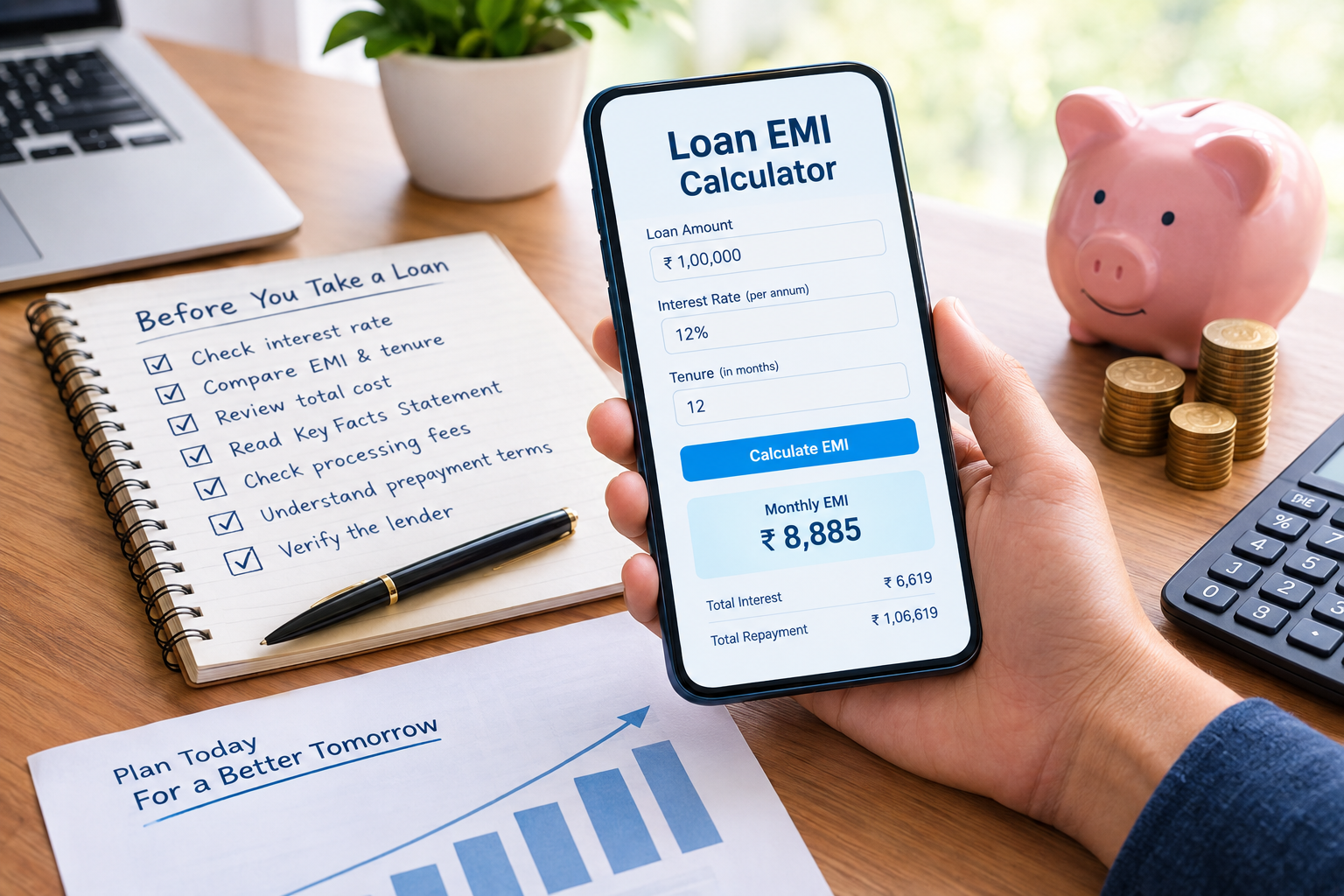 Instant loan EMI calculator showing monthly EMI, interest, total repayment, loan tenure, and financial planning checklist on a smartphone.